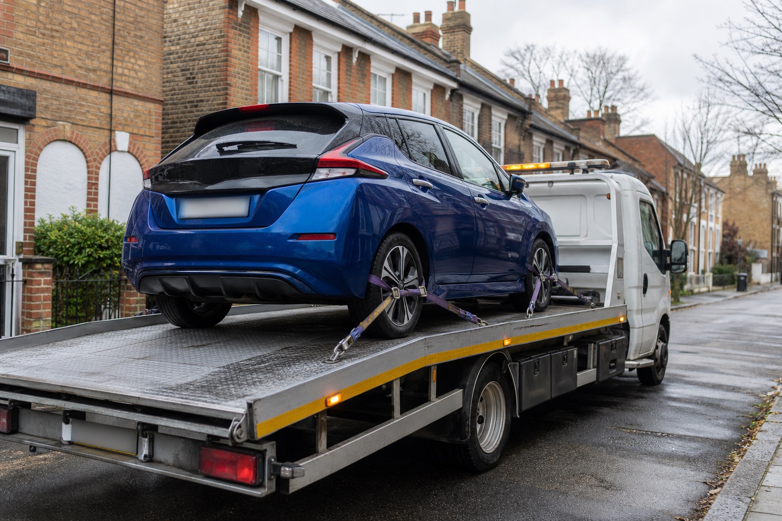 Blue electric car secured for recovery in North East London